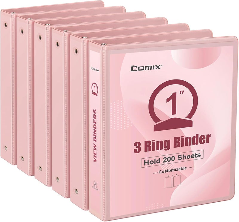 COMIX Standard 3 Ring Binder 1 inch with Clear View Cover, 1" Round Ring View Binder Holds 200 Sheets of US Letter Size Paper for School Office Supplies, 6 Pack (Pink) - Image 1